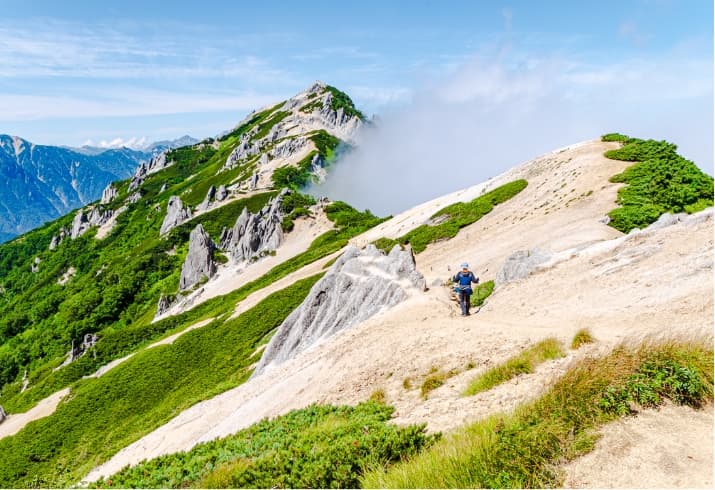 متسلقون يسيرون على طول سلسلة التلال وجبال الصيف